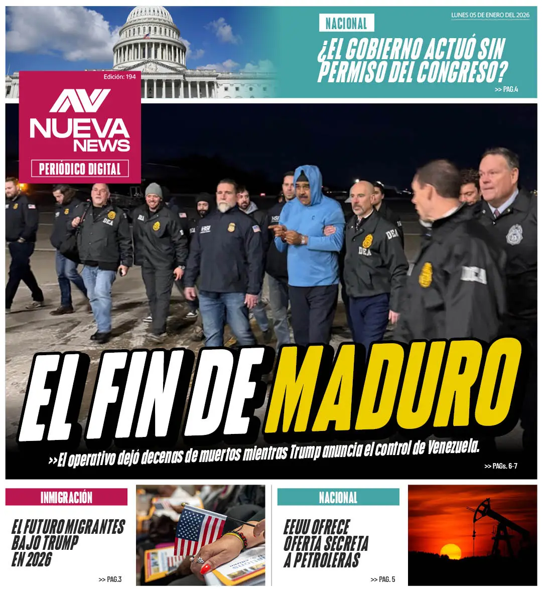 EN PORTADA: EL FIN DE MADURO El operativo dejó decenas de muertos mientras Trump anuncia el control de Venezuela